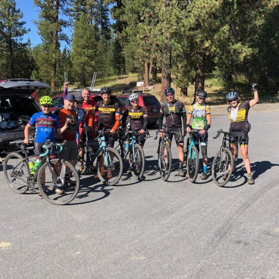 Bike riders on gravel bikes at the Bandit Springs parking area.