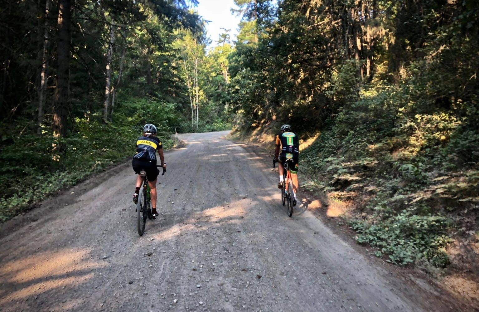 Two cyclists on a gravel road near Hood River, Oregon.