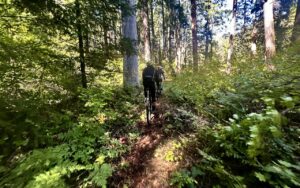Riding single-track on the Shut-In trail.