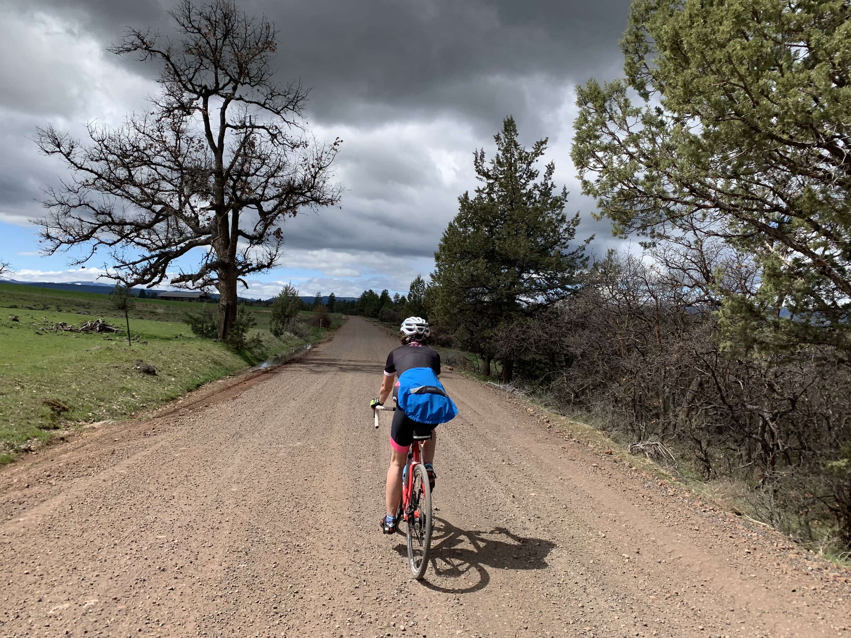 Cyclist on paved road with farmlands in background near Wamic, Oregon.