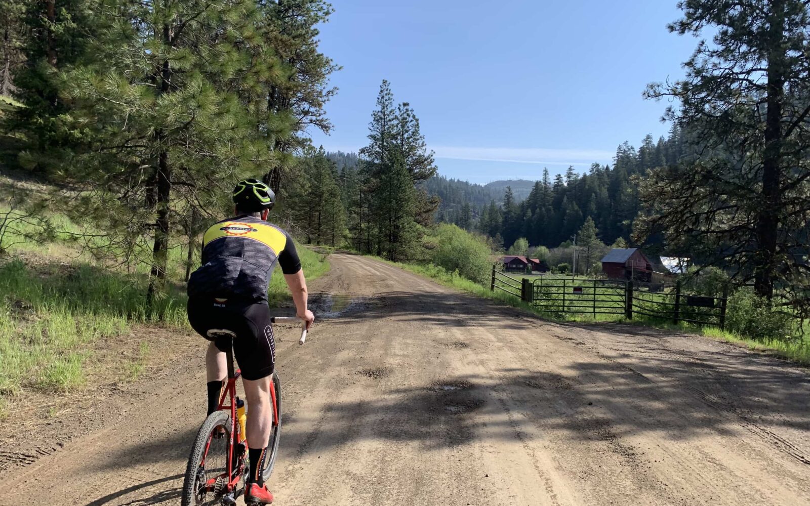 Riding out on a hard-packed gravel road in the Ochocos.