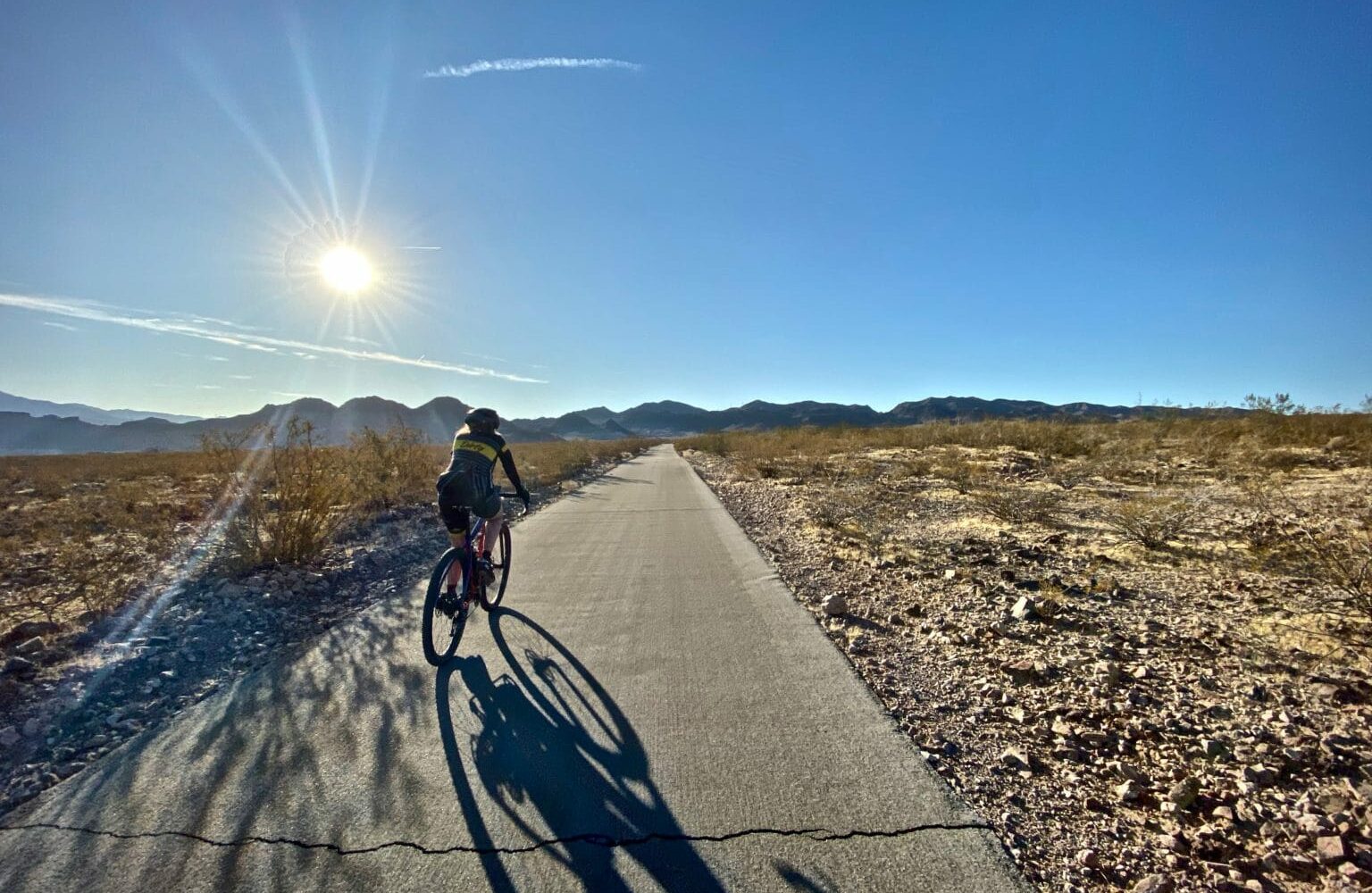 Cyclist on River Mountains trail towards Hoover Dam