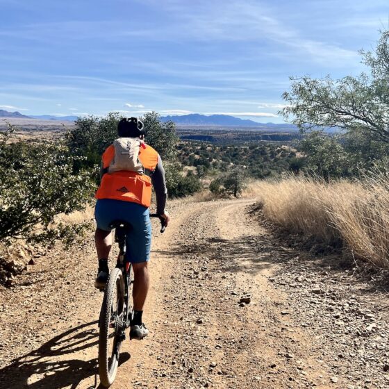 Riding gravel bike with Whetstone mountains in distance.