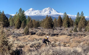 Three Sisters mountains in background, cyclist in foreground.