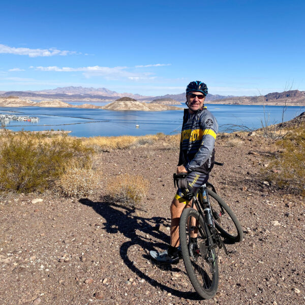 Gravel cyclist overlooking Lake Mead, Nevada.